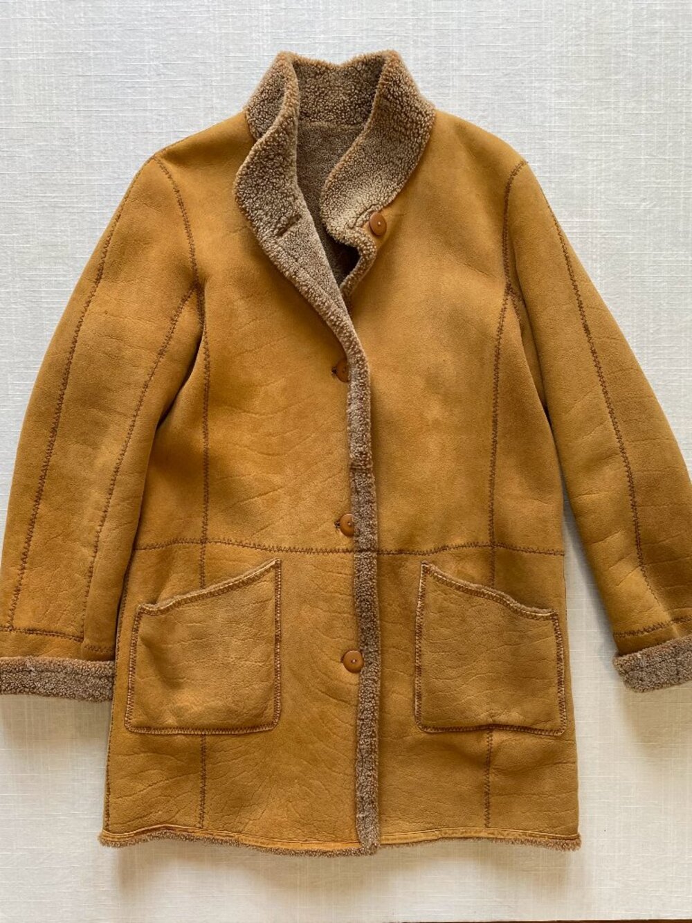 Vintage Tan Shearling Rancher Coat / Genuine Sheepskin / 70s